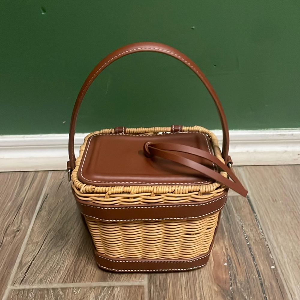 Zara wicker basket bag with crossbody strap and brown trim